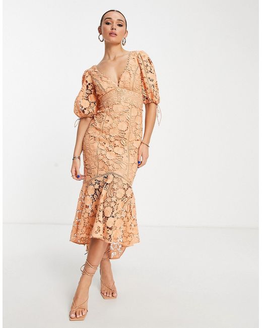 Asos Design guipure lace midi dress with puff sleeve and tie back in