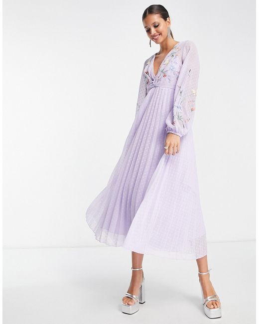 Asos Design textured twist front pleated midi dress with all over embroidery in lilac-