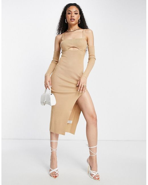 Simmi Clothing Simmi cut out bust high thigh split midi dress with sleeve detail in camel-