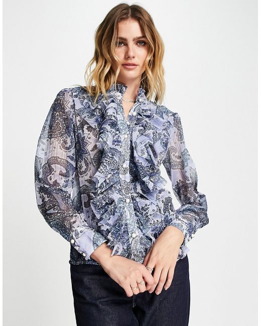 River Island ruffle front blouse in print