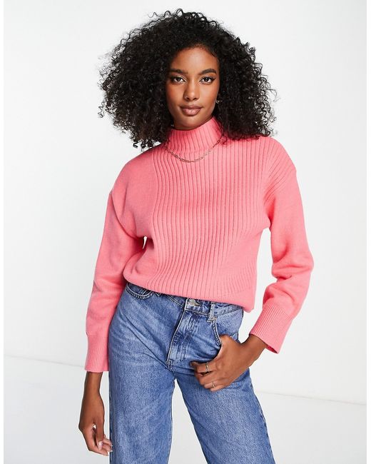 River Island spliced front ribbed sweater in bright pink-