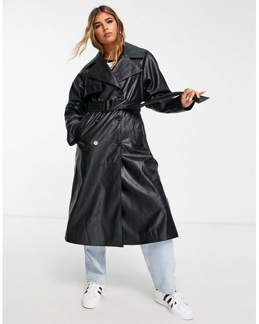 Bershka faux leather trench coat in