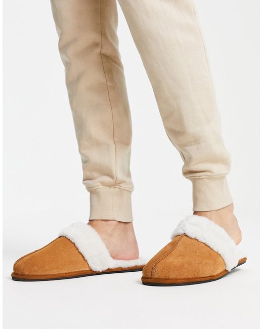 Asos Design premium sheepskin slippers in tan with cream lining-