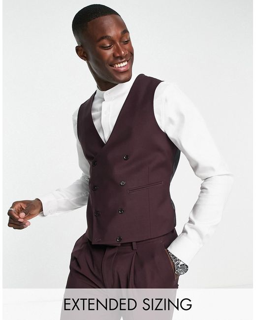 Noak Tower Hill super skinny suit vest in burgundy worsted wool blend with four way stretch-