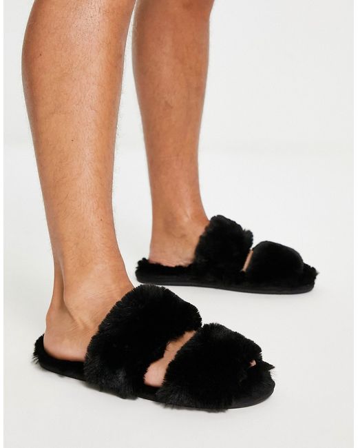 Asos Design two strap faux fur slippers in