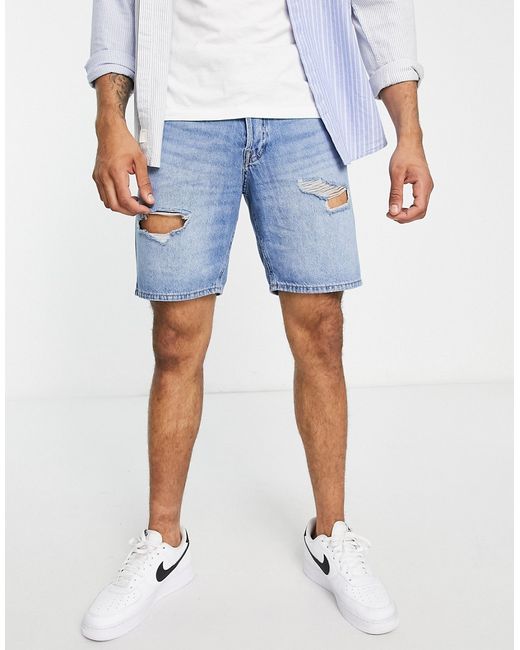 Jack & Jones Intelligence loose fit denim shorts with rips in light