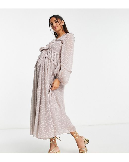 ASOS Maternity DESIGN Maternity pleat detail midi dress in jacquard satin spot with tie lilac-