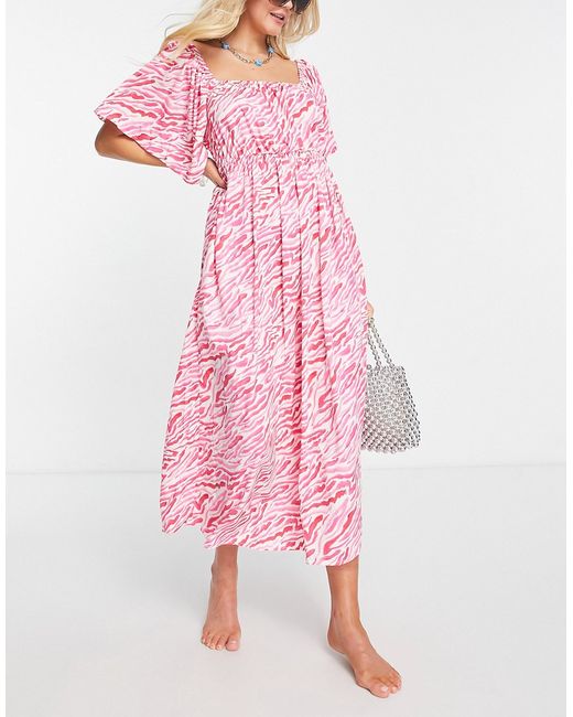 Asos Design flutter sleeve beach midaxi dress in pink zebra-