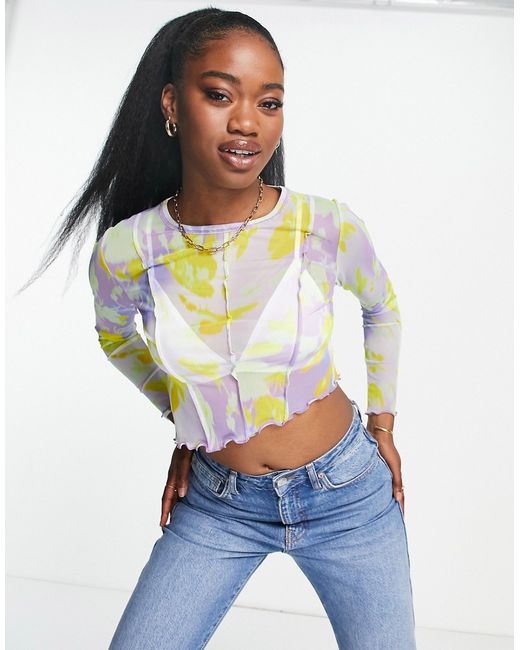 Asos Design long sleeve mesh top with seam detail in glitch floral