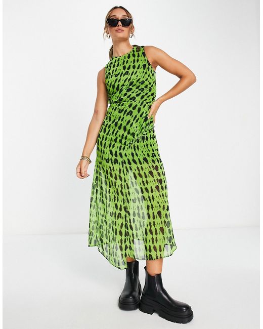 TopShop gathered printed blurred spot midi dress in