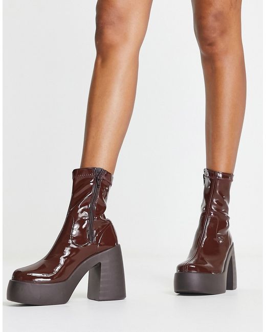 Asos Design Ember high heeled sock boots in choc patent-