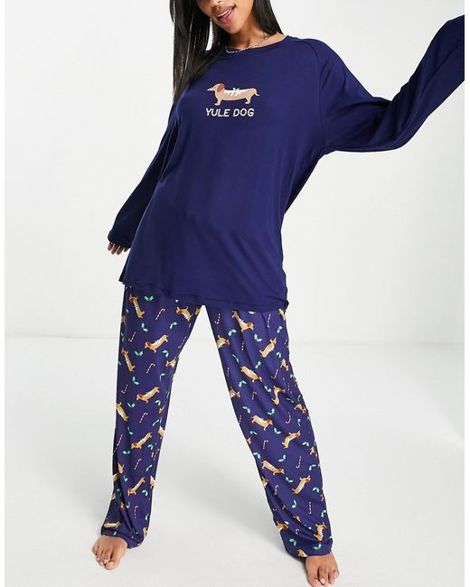 Loungeable christmas yule dog pajama set in navy and