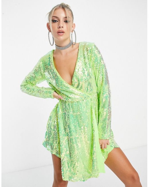Collective The Label exclusive sequin wrap dress in iridescent lime-