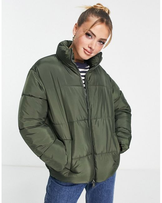 New Look boxy padded zip up coat in khaki-