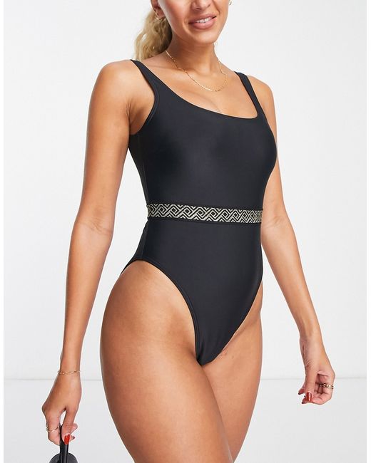 New Look scoop neck swimsuit with monogram waist belt in black-