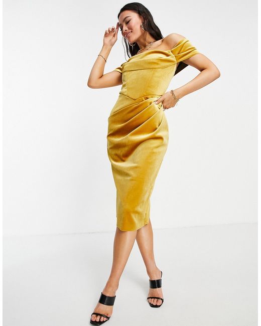 Asos Design drape bardot corset velvet pencil midi dress in mustard-