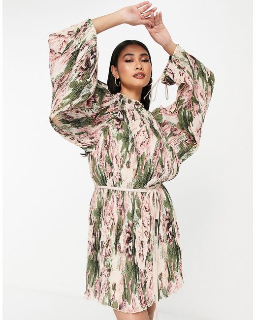 Asos Design mini plisse dress with blouson sleeve and tie detail in romantic floral print-