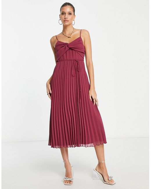 Asos Design twist front pleated cami midi dress with belt in oxblood-