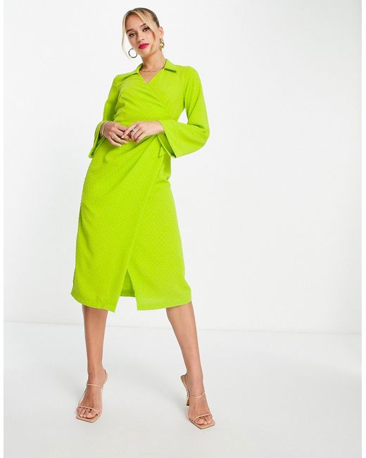 Closet London wrap shirt midi dress in lime-