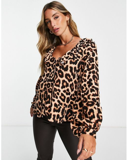 River Island tie front ruffle top in animal print-