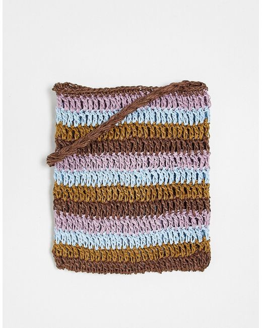 Asos Design straw cross body bag in purple and beige stripe-