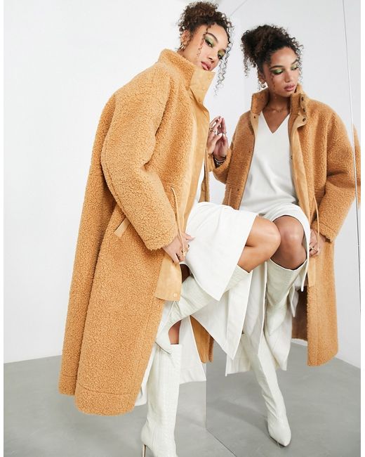 ASOS Edition borg funnel neck coat with drawstring in camel-