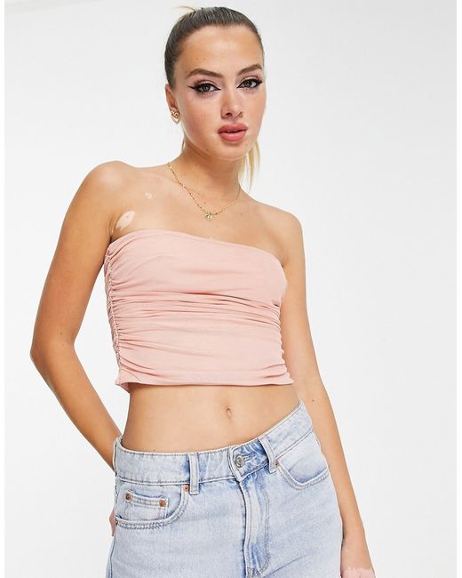 Asos Design strapless mesh corset top with ruched side in blush