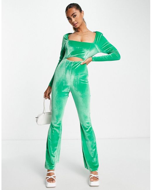The Frolic cut-out velvet bustier jumpsuit in emerald