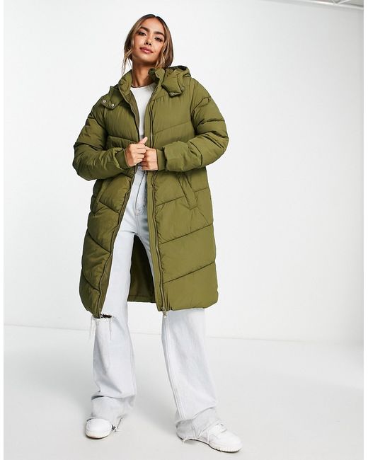 Pieces longline padded coat with hood in olive green-