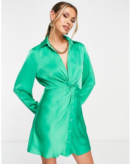 Aria Cove plunge satin knot front shirt dress in