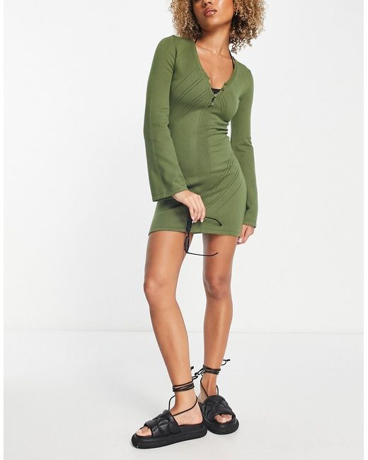 4th & Reckless kourt knitted dress with lace hole detail in khaki-