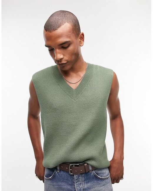 Topman knitted rib v-neck vest in green-