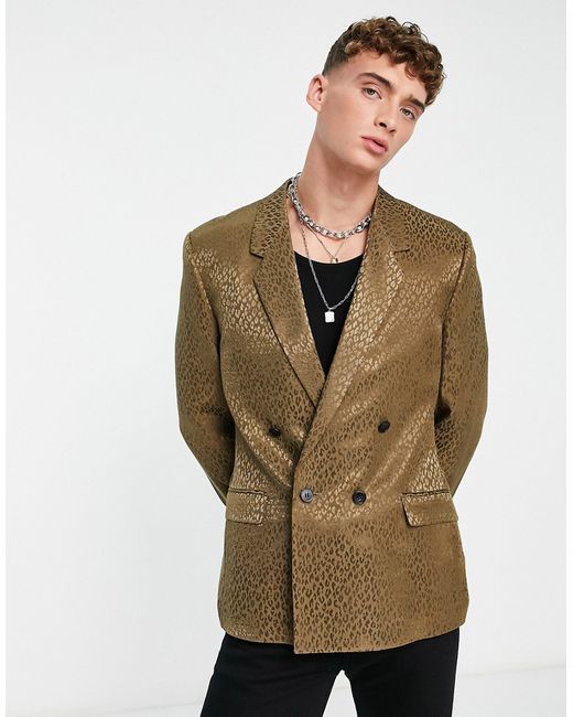 Asos Design slim belted blazer in tonal khaki leopard
