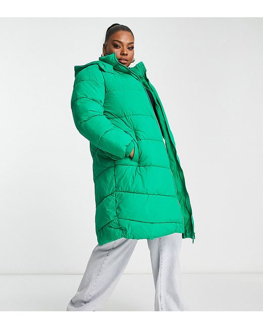 Pieces Plus Pieces Curve longline padded coat with hood in bright