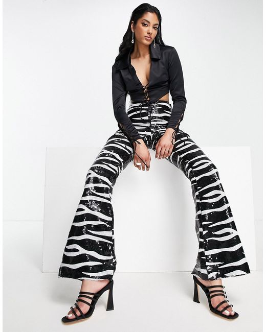 Asos Design sequin flare pants in zebra-