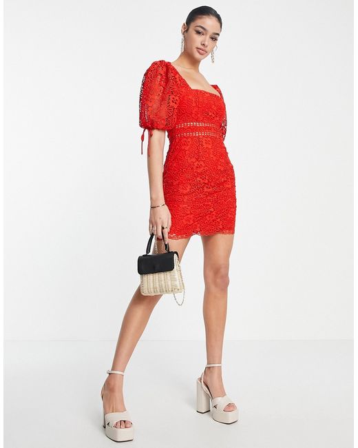 Asos Design lace mini tea dress with tie sleeve detail in