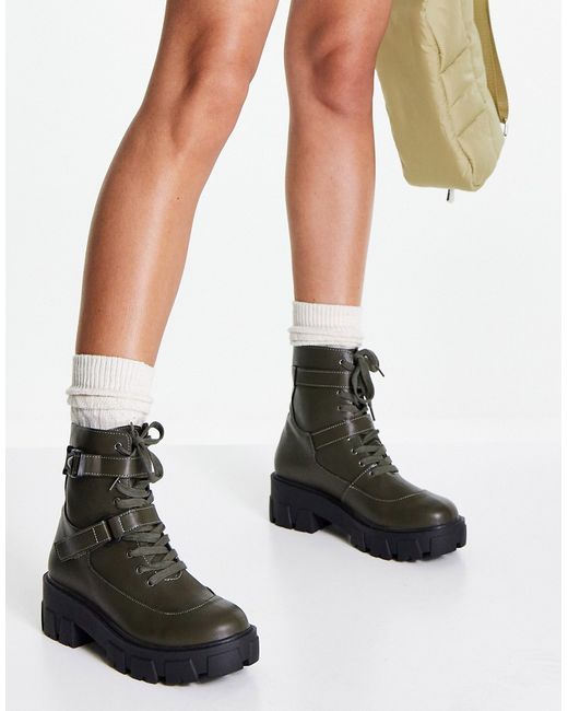 Glamorous lace-up flat ankle boots with buckles in olive-