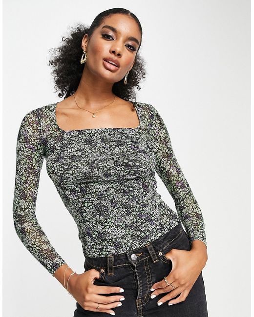 Whistles ruched mesh top in floral print