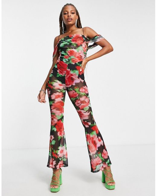 Asos Design mesh cowl neck jumpsuit with flare leg in floral print-