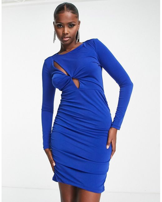 Trendyol long sleeve body-conscious mini dress with cut out in cobalt