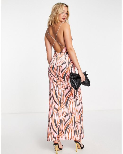 Asos Design cami cowl satin maxi dress in pink abstract print-