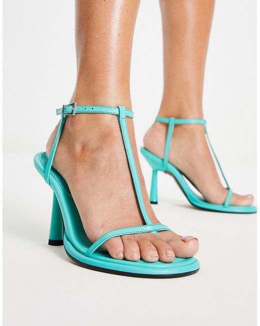 TopShop Sade premium leather round toe heeled sandal in turquoise-