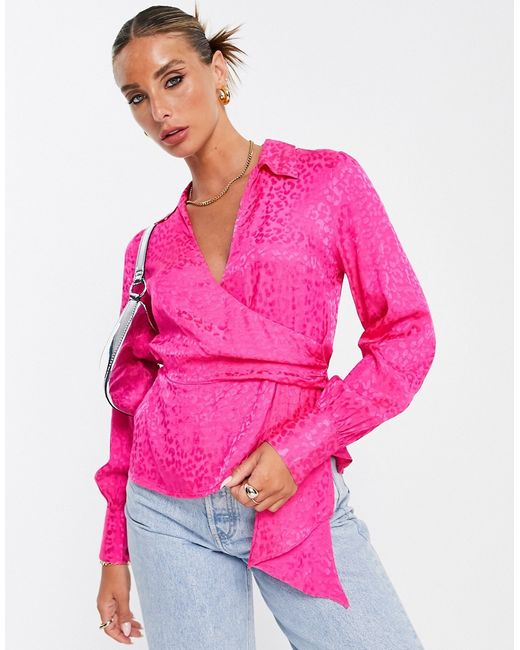 TopShop jacquard wrap front top in bright