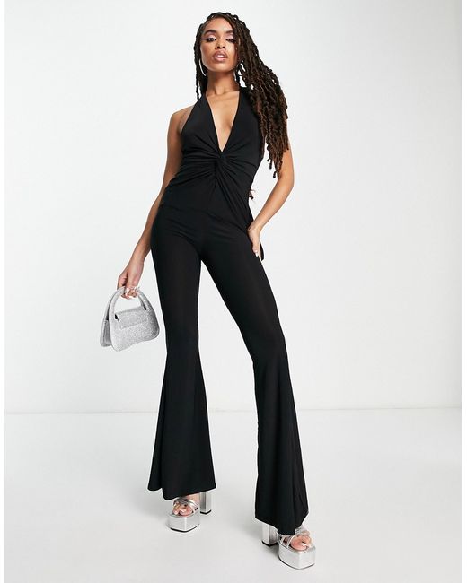 Asos Design slinky knot front halter jumpsuit with flare leg in