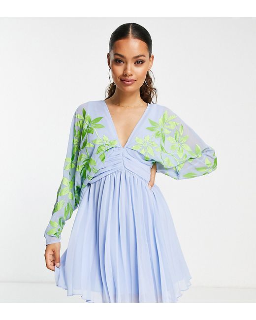 ASOS Petite DESIGN Petite batwing pleated mini dress in with green embroidery