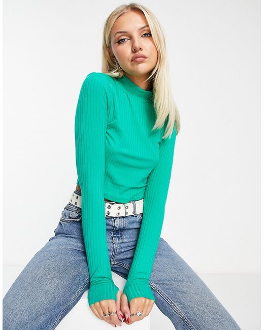 Noisy May ribbed high neck knitted top in bright