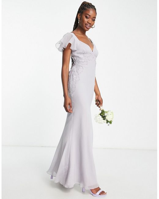 Asos Design Bridesmaid flutter sleeve maxi dress with lace detail and bias cut skirt in lilac-