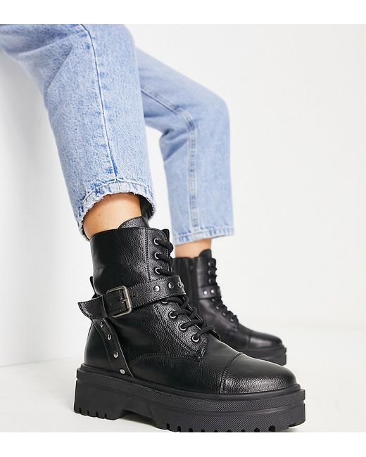 Simply Be wide fit chunky flat lace up boots with buckle detail in