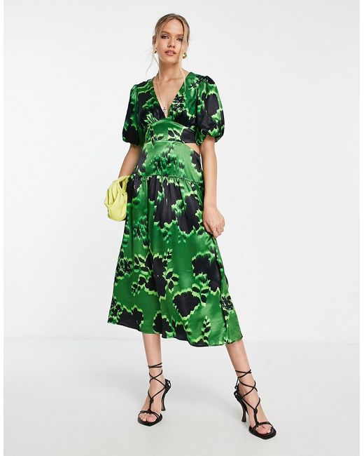TopShop graphic floral cut out waist midi dress in