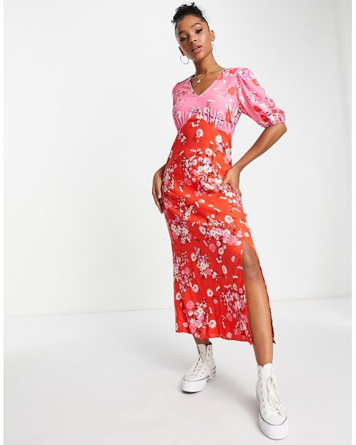 New Look twist front midi dress in contrast floral print-